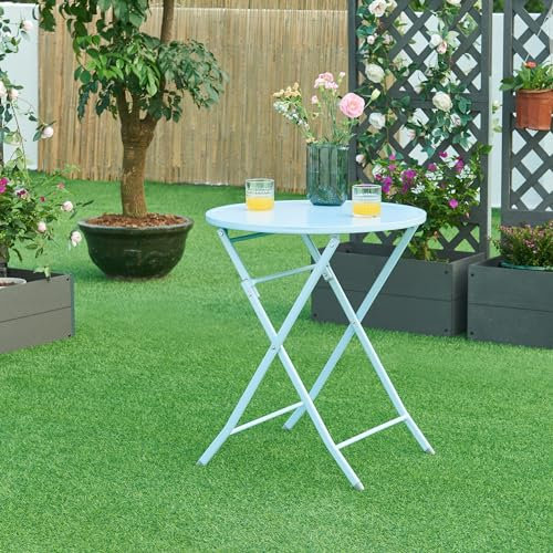 [en.casa] Gartentisch Sande Klapptisch 71 x Ø62 cm Balkontisch Stahl klappbar rund Himmelblau Outdoor-Beistelltisch faltbar