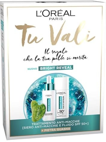 L'Oréal Paris Weihnachtsbox Bright Reveal mit UV-Flüssigkeit gegen Flecken SPF50+, Anti-Flecken-Serum und Gua Sha Stein, für alle Hauttypen, reduzierte Flecken und gleichmäßiger Teint, 50 ml + 30 ml