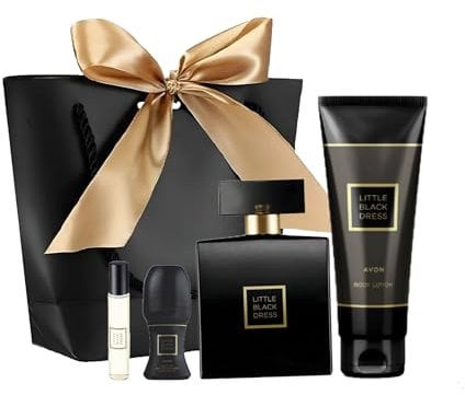 AVON LITTLE BLACK DRESS Parfüm Spray 50 ml, Taschenspray 10 ml, Bodylotion 125 ml, Deoroller 50 ml, Geschenktasche, Duftprobe, Damenmode, Luxusduft, Blumiger, Modeklassiker.