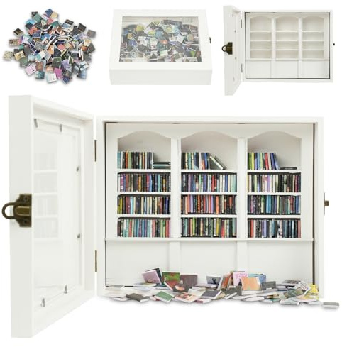 TABTAG Anxiety Bookshelf - Shake Off Your Anxiety,Miniature Display Shelf,Contains 200 Miniature Book Models,Antique Style Gift Decoration Mini Bookshelf(White)