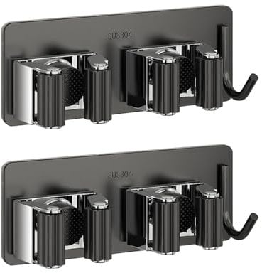 HTRTRR Soporte para escobas de pared, 2 unidades, 3 en 1, soporte de acero inoxidable, soporte para herramientas de jardín, soporte autoadhesivo para escobas para cocina, hogar, baño, garaje, jardín