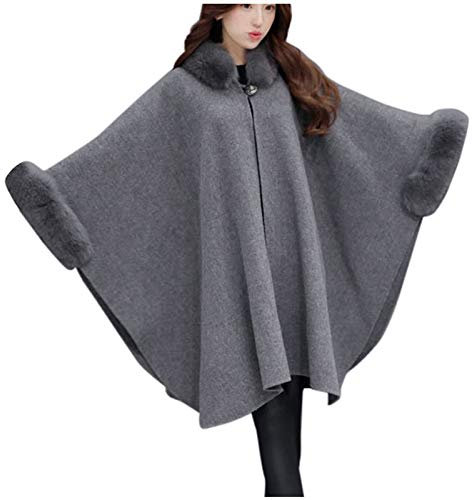 Vintage Cape Poncho Coat Faux Fur Cloak Womens Coat Bat Sleeve Thick Cardigan Wool Blend Trim Shawl Wrap Buckle Collar Outwear Stylish Jacket Winter B-18