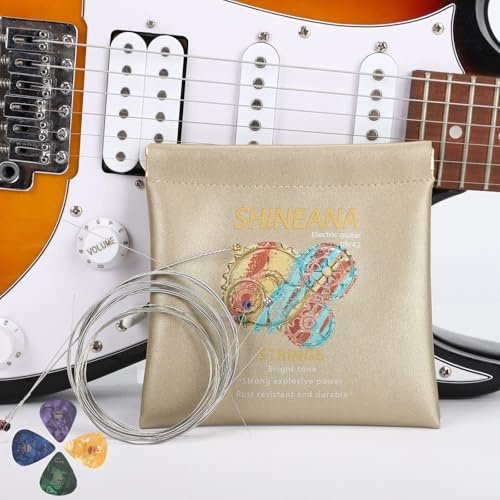 Cuerdas para guitarra eléctrica hechas a mano de acero hexagonal chapado en níquel colorido extremo de bola con bolsa de piel suave reutilizable, calibre 10-46