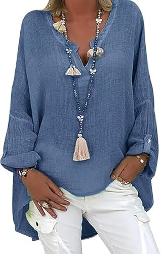 Tincini Chemisier Femme Tunique Femme Chic d'été Top en Lin pour Haut Col en V Grande élégant Chemise à Manches Longues en Lin et Coton Chemise imprimée (Bleu Foncé, XXL)