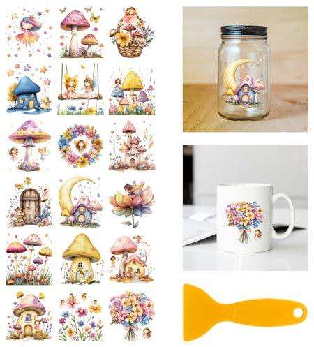 GLOBLELAND 18 Blatt Pilze Zum Aufreiben 3.9x3.6Zoll Bunte Feen Aufkleber Für Zuhause Blumen Schmetterlinge Mond Tassen Aufkleber Für Möbel Vasen Glas Kunsthandwerk Dekorationen