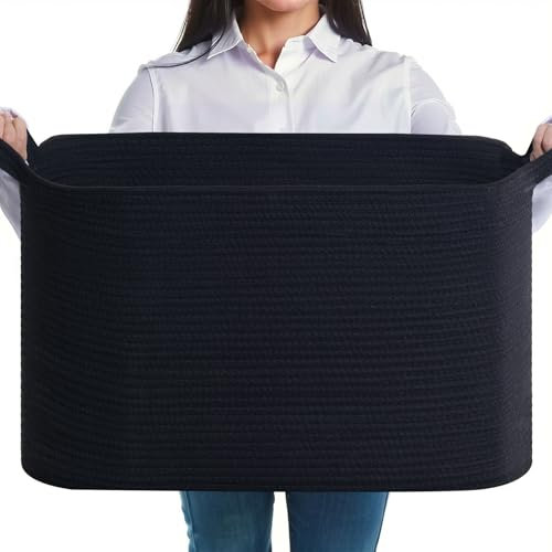 JOJOSEE Large Storage Basket, Blanket Basket for Clothes Bedding, Woven Storage Baskets, Toy Basket for Kids Baby, Rope Baskets for Living Room, Nursery, Bedroom 55x38x30 cm (Black, 1 Pack)