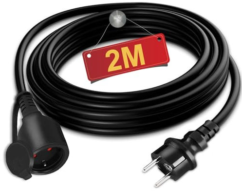 TEOV Verlängerungskabel Außenbereich 2M, mit Dichtungskappe und Berührungsschutz AC 16A 3500W 3G 1,5mm² IP44 Außen Gummi Verlängerungskabel
