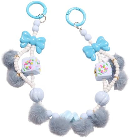 PANHDK Handy-Schlüsselband mit Perlen, zum Aufhängen, Handschlaufe, Handy-Charm, Plüsch-Pom-Handykette für Frauen und Mädchen