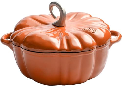 FQQPMS Cast Iron Dutch Oven, Pumpkin Shape Cooking Pot Casserole with Lid and Handles, Non-Stick Stew Pot Soup Pot Halloween Cooking Pot Enamel Cookware Crock Pot for Soup Porridge Stew,3.7L