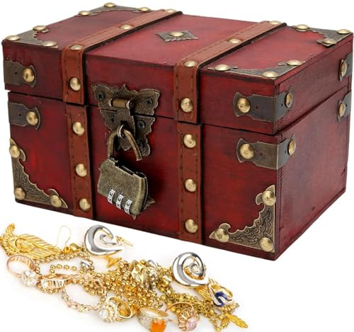AOTOPYU Schatztruhe, Schatzkiste Kindergeburtstag, Piratenkiste, Geschenk-Box verschließbar mit Deckel und Schloss, Holztruhe (M: 22x15x14cm)