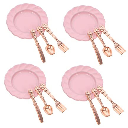 Milisten 4 Juegos Mini Cubiertos Mini Plato de casa de muñecas casa de muñecas Mini Plato Cuchara Platos en Miniatura para casa de muñecas Cuchara Tenedor en Miniatura Rosa