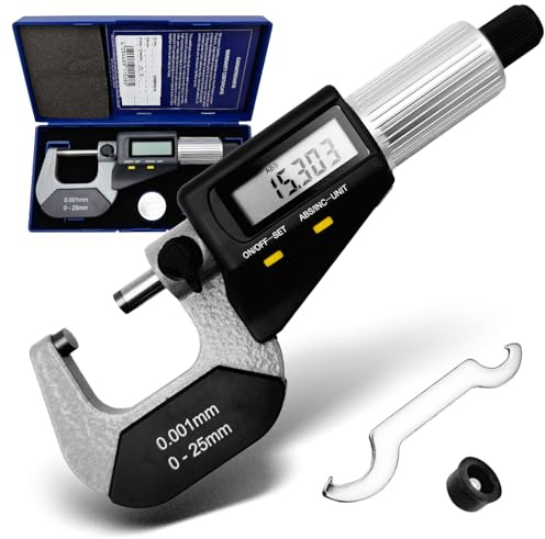 MIB Digitale Bügelmessschraube | Mikrometer Digital | Durchmesser Messgerät | DIN 863, ABS | Messbereich 0-25 mm | HM-Messflächen | Präzise Messungen | Elektronisches Messwerkzeug | inkl. LR44 Batterie