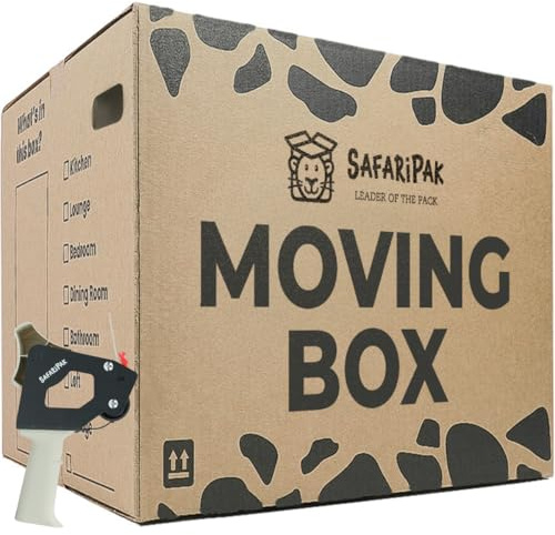 SAFARIPAK - 15 Pack Strong Extra Large Reusable Cardboard Storage Packing Moving House Boxes 52cm x 52cm x 40cm with Carry Handles & Room List Checkboxes - 108 Litres Capacity - Inc Tape Dispenser Gun