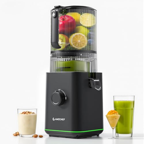 AMZCHEF Extractor de Zumo 155 mm con Tolva de 2,5 L, Prensado en Frío | Slow Juicer para Verduras y Frutas, 2 Filtros para Zumo, Leche Vegetal y Sorbete, Fácil de Limpiar, Silencioso, Negro