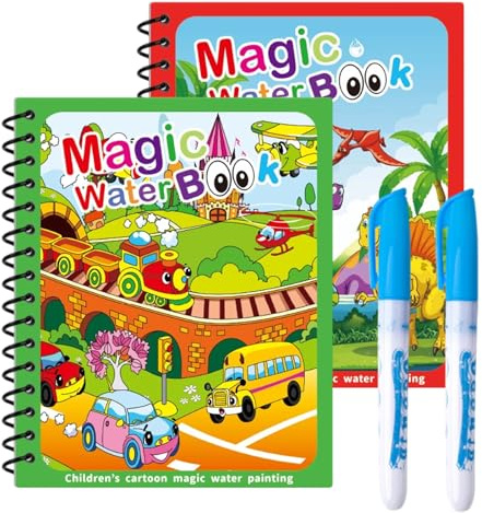 WangVipfei 2 Stück Wassermalbuch mit 2 Wasserstiften, Wiederverwendbar Baby Malbuch, Water Wow Malbuch, Magic Water Book für Kinder ab 2 Jahre (Transport + Dinosaurier)