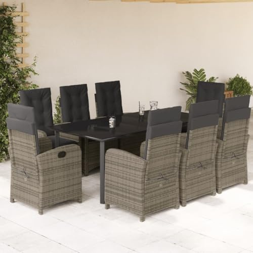 Runheo Salon de jardin 9 pièces avec coussins gris en polyrotin - Fauteuil de relaxation réglable - Grande table à manger en verre trempé - Résistant aux UV - Pour terrasse, balcon