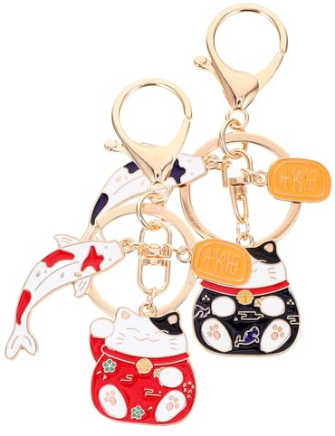 KJHBV Lot de 2 Porte-Clés Maneki Neko Japonerie en Alliage Chat Amulette Rouge et Bleu Accessoire Mignon pour Clés Voiture Paquet à Main Symbole de Richesse et Prospérité Feng Shui
