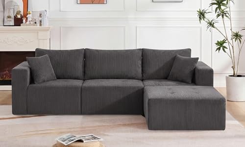 FurniSoar Modulares Sofa 4-Sitzer Grau – Boneless Couch aus Cord, Keine Montage – Sofa L-Form, Ecksofa mit Schlaffunktion, Big Sofa, Couch L-Form in Anthrazit-Optik