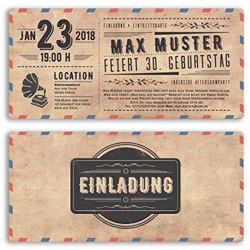 gestaltenlassen.com (10 x) Einladungskarten Geburtstag Vintage Ticket Retro alt Look Karte Einladungen