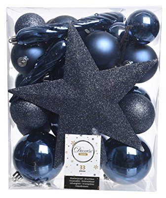 Weihnachtskugeln mit Christbaumspitze Stern Kunststoff 33er Set bruchsicher dunkelblau Nachtblau