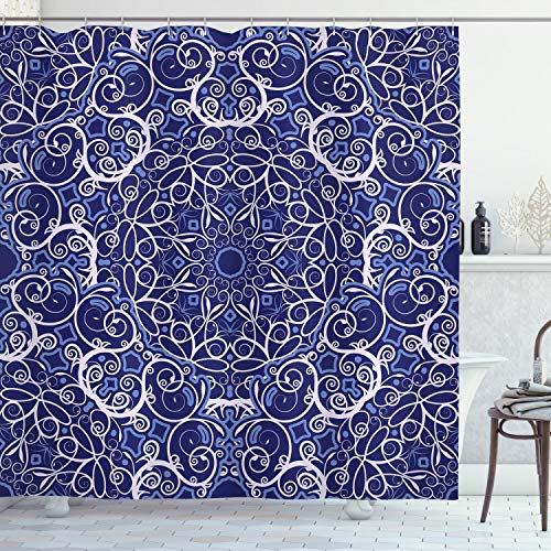 ABAKUHAUS Mandala Cortina de Baño, Círculo Floral Bohemio, Material Resistente al Agua Durable Estampa Digital, 175 x 200 cm, Blanco Azul Púrpura