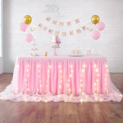 HBBMAGIC gonna da tavolo in tulle rosa baby con luce, 183 cm, con volant, tutu lavabile per matrimonio, festa, compleanno, baby shower, torta, dessert, battesimo.