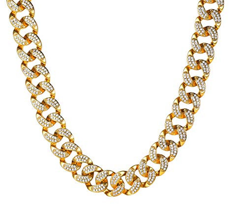 U7 Halskette Hip Hop Panzerkette 46cm/18 lang - Iced out Gelbgold überzogen 14mm breit Miami Kubanische Gliederkette mit Zirkonia Schmuck Accessoire für Rapper Sänger, Gold