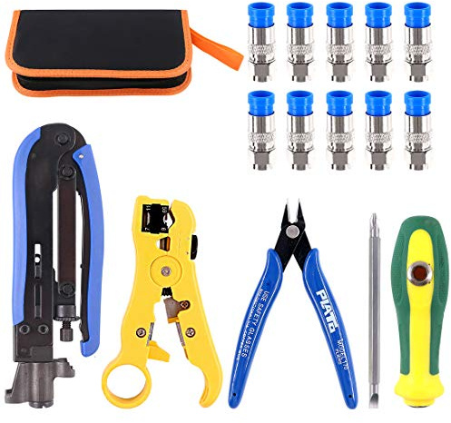 Glarks Adjustable Coaxial Compression Tool - Coax Crimper & Stripper Kit, RG6 RG59 RG11 Cables, 10pcs F Connectors, Leather Bag