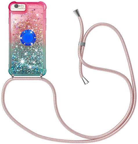 HongMan Handykette Hülle für iPhone 6 Plus/iPhone 6s Plus - Quicksand Glitzer Hülle mit Band - Silikon Handyhülle mit Kordel Umhängenband - Schnur mit Treibsand Case zum Umhängen,Pink + Blau