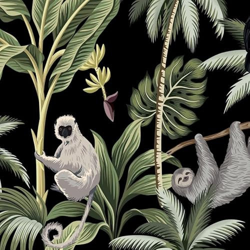 Wallpapers4Beginners Papier peint moderne pour chambre à coucher et salon - 8 feuilles pour couvrir 59,2 m² - Fabriqué en Italie - Papier peint Jungle Singes (noir)