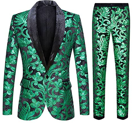 CARFFIV Herren Modische Blumenmuster Pailletten Zweiteiler Set Anzüge (L, Green)