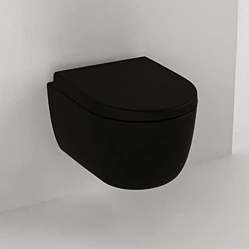 Spülrandloses Hänge Wc mit Spülkasten I Randloses Hänge WC Set Schwarz Matt 54cm I Wand WC ohne Spülrand mit WC-Deckel mit Absenkautomatik und Schallschutz