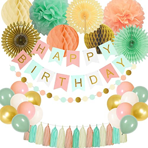 Alles Gute zum Geburtstag Dekorationen Banner, hängender Papierfächer Wabenball Tissue Pompoms Girlande Luftballons für Mint Green Gold Pfirsich Geburtstagsparty Dekoration Zubehör