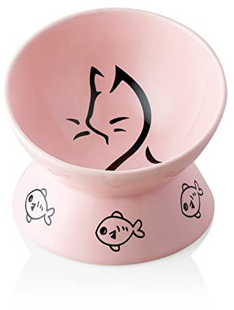 Sweejar Home Raised Cat Bowl - Ceramic Elevated Pet Bowl, Protects Cat's Spine, Stress-Free Slanted Design for Easy Eating, 295 ml, Dishwasher Safe (Pink)