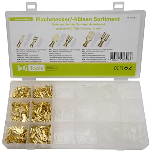 SeKi Flachsteckhülsen Sortiment 600-teilig 2,8mm 4,8mm und 6,3mm Flachsteckverbinder Flachstecker Steckverbinder männlich + weiblich inkl. Schutztülle