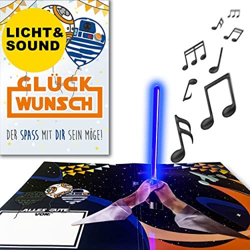 bentino PopUp Musikkarte Lichtschwert, MEGA Überraschungseffekt, Grusskarte mit Sound und Lichteffekt, DIN A5 Set mit Umschlag, lustige Glückwunschkarte