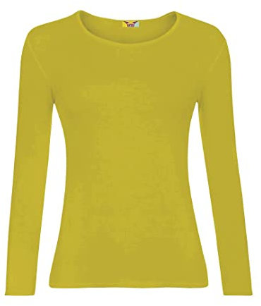 KATSSI Women’s Ladies Long Sleeve Stretch Plain Round Scoop Neck T Shirt Top XL Yellow