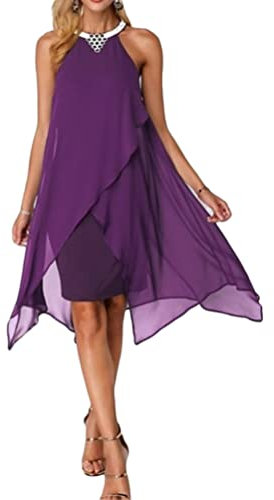 Minetom Robe De Cocktail Asymétrique Au Genou Femme sans Manche Mousseline De Soie Cocktail Bal Mariage Courte Robes Fête A Violet L