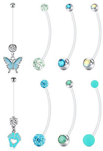 AVYRING 14G Schwangerschaft Bauchnabelpiercing Stab 38MM Klar Fleixble Piercing Bauchnabel mit Anhänger Einstellbar Schmetterling 8 Stück