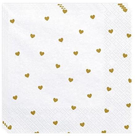 20 Servietten mit Herzen - Valentine Hochzeit Verlobung Feier in Weiß Gold Deko für Valentinstag Hochzeitstag mit Goldenen Herzen