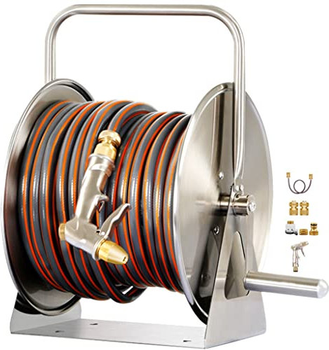 Schlauchtrommel Schlauchaufroller Wasser Schwerlast Schlauchwagen Set, Haushalts Edelstahl Schlauchmobil, Robustes Gartenrohr Aufbewahrungsregal, Für Außengarten Yard (Color : Silver, S : Hose Reel+
