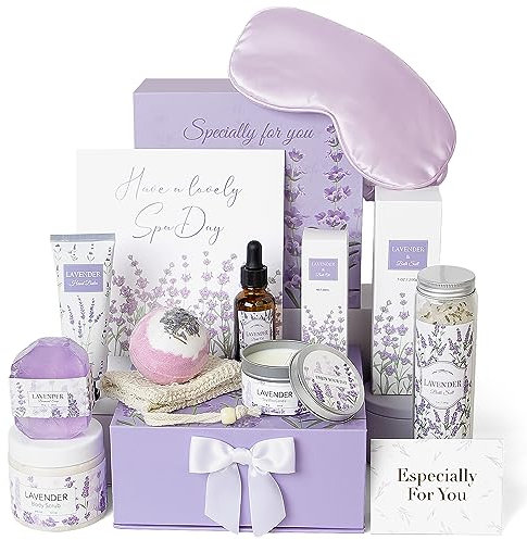 Lavender Spa Gifts Lot de 11 cadeaux de bain pour femme, cadeaux de spa relaxant, panier cadeau de bain pour femme, cadeaux de soins personnels, produits de spa, cadeaux d'anniversaire pour femme