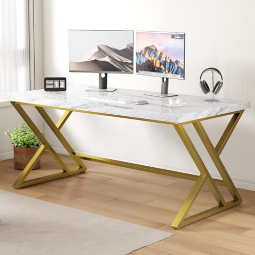 LVB Computer Desk Gaming Office Table Long Home Desks 140cm White Marble | Industrial Home Computer Desk for Bedroom, Farmhouse Metal Wooden Study Work PC Gaming Table, Modern Executive Writing Desk