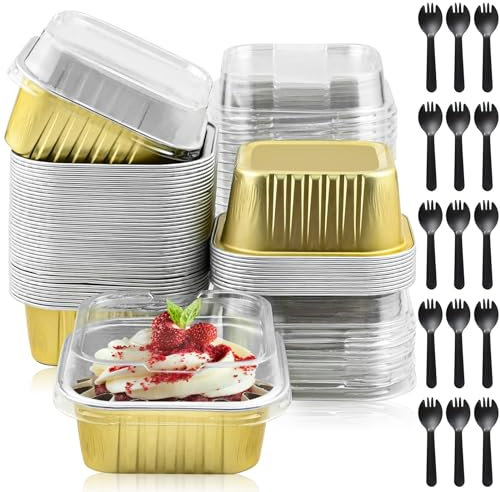 150PCS/50 Sets Mini Loaf Pans with Lids and Spoons, 150ML Reusable Aluminum Mini Loaf Tins Use for Air Fryer Oven, Heat Resistant Square Baking Cups for Making Bread, Cake and Durian