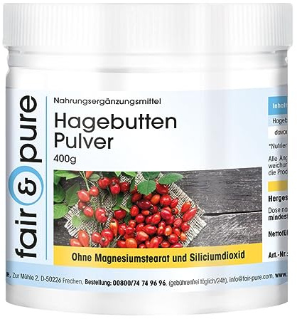 Fair & Pure Hagebutten Pulver 400 g, Rosa canina, natürliches Vitamin C, gluten- und laktosefrei, Nahrungsergänzungsmittel ohne Magnesiumstearat, in Deutschland hergestellt