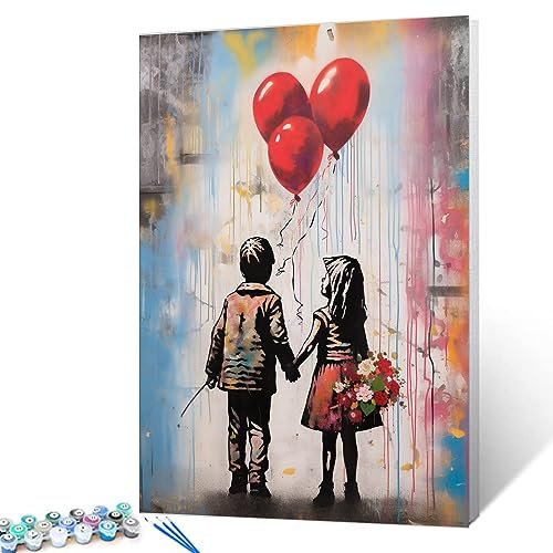 Tucocoo Street Art Banksy Kit de peinture à l'huile numérique sur toile avec pinceaux et pigments acryliques pour décoration d'intérieur Motif petite fille et garçon 40,6 x 50,8 cm (sans cadre)
