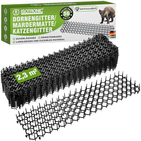 ISOTRONIC Katzenabwehr für den Außenbereich Mardermatte Dornengitter | Tier-Barriere | gegen Schnecken | Katzenabwehrmatte, Kratzschutz für Katzen | 2,34 qm, 36 Teile