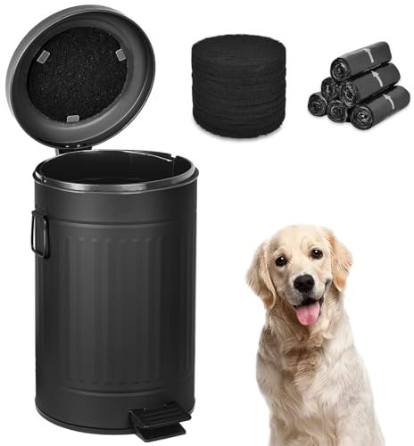 Umtiti UP12L-BK-Y+90BK-New Poubelle à déjections canines avec couvercle pour l'extérieur avec filtre à charbon actif et sacs en plastique, 10 l