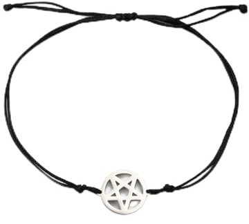 TEAMER Tripla Luna Dea catena Bracciale Pentagramma Cera Corda Bracciale in acciaio inox Pentacolo Pentagramma Wiccan Charm Strega Gioielli per le donne (Pentagramma - Corda di cera - Nero - Argento)