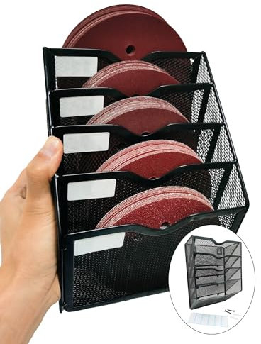 Zyrelynx 5-Tier Wall Mount All Metal Sandpaper Organizer, Hanging Sandpaper Storage Rack Holder for 5 & 6 Sanding Discs, Woodworking Tool Box Accessories (Black)